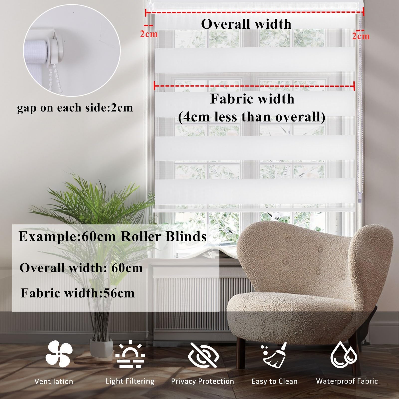 Store enrouleur jour et nuit en tissu double couche - Stores zébrés translucides ou filtrant la lumière - Facile à installer - Pour chambre à coucher, cuisine, salle de bain (blanc, 60 x 160 cm)