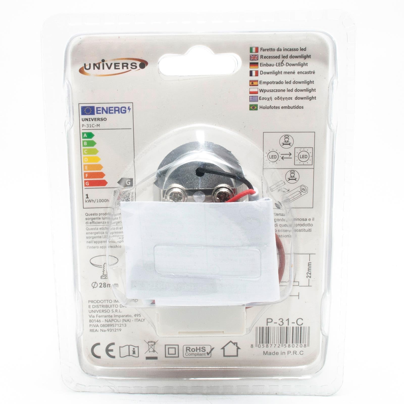 Planetitaly Foco mini LED empotrable luz escala 1W 220V IP20 agujero 25 30 mm