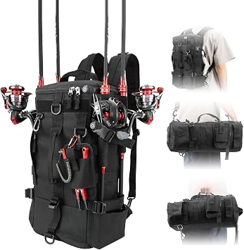 KOMCLUB Black Fishing Sling Tackle Storage Backpack, Large with Rain Cover