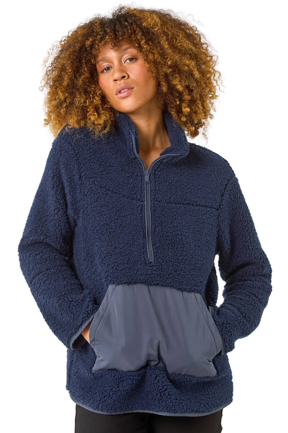 Roman Funnel Neck Half Zip Fleece Jacket for Women UK - Ladies Autumn Everyday Winter Holiday Long Sleeve Soft Pouch Pocket Comfy Fluffy Coat Office Desk Pullovers - Midnight Blue - Size 20
