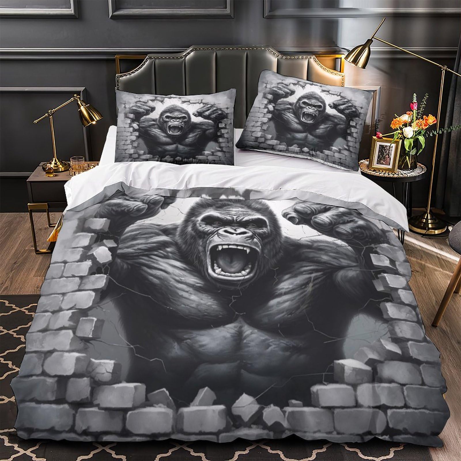Gorilla Roaring Comforter Cover 3D Print Breathable 3PCs Bed Linen Hidden Zipper Black And White Quilt Cover Ultra Soft Machine Washable for Teens Youth Adults Women Kids Boys King（220x240cm）