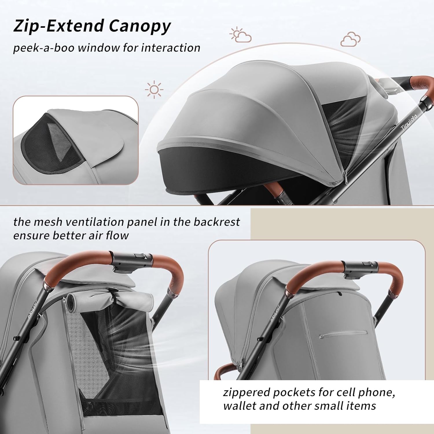 Tinyiota Stroller for Babies,Toddler Strollers with Large UPF 50+ Canopy,Luxury Baby Stroller with Leather Handle & Spacious Seat, One-Hand Foldable Pushchair,Baby Carriage with Lie-Flat Mode(Gray)