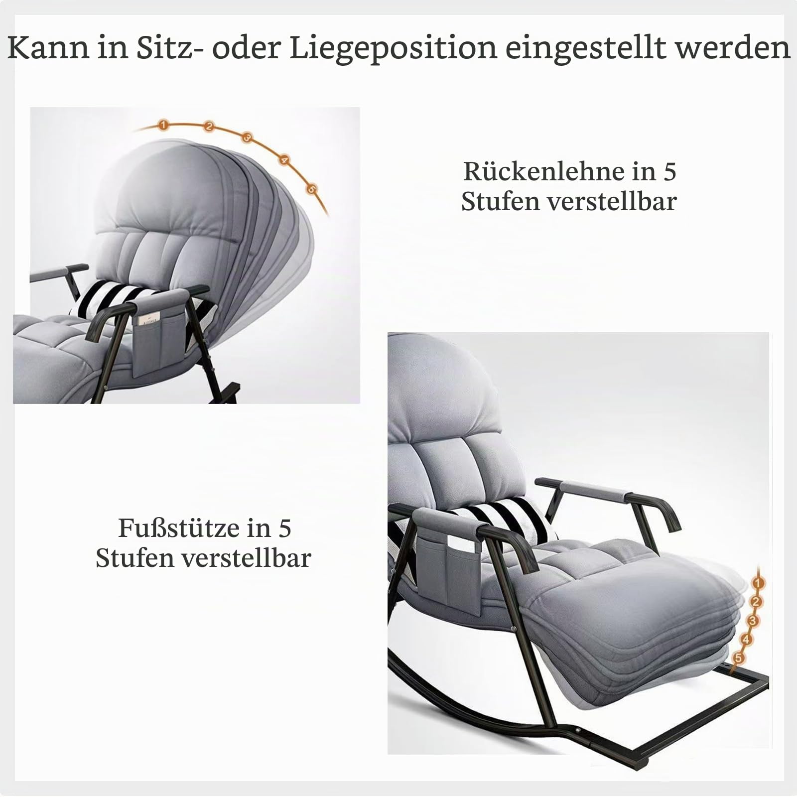 Schaukelstuhl Wohnzimmer, Schaukelstuhl mit fußstütze, Schaukelstuhl Outdoor, Verstellbare Schaukellehne und Fußstütze, Gepolsterter Schaukelsessel für Wohnzimmer, Balkon (Grau.)