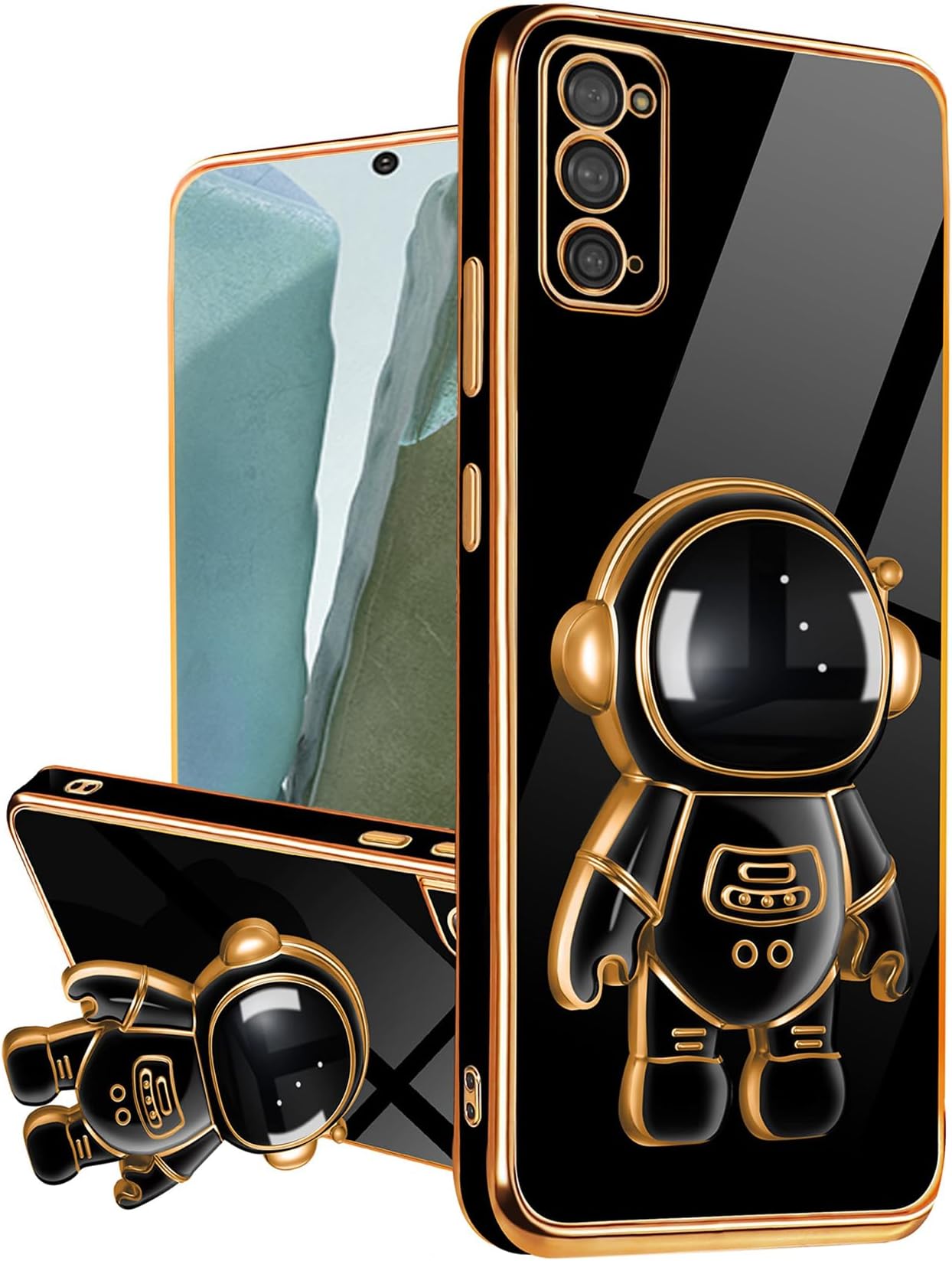 AWZHYDT Compatible with Samsung Galaxy Note 20 5G Case with Cute Astronaut Kickstand Design Soft TPU Protective Shockproof Plating Phone Case for Galaxy Note 20-Black