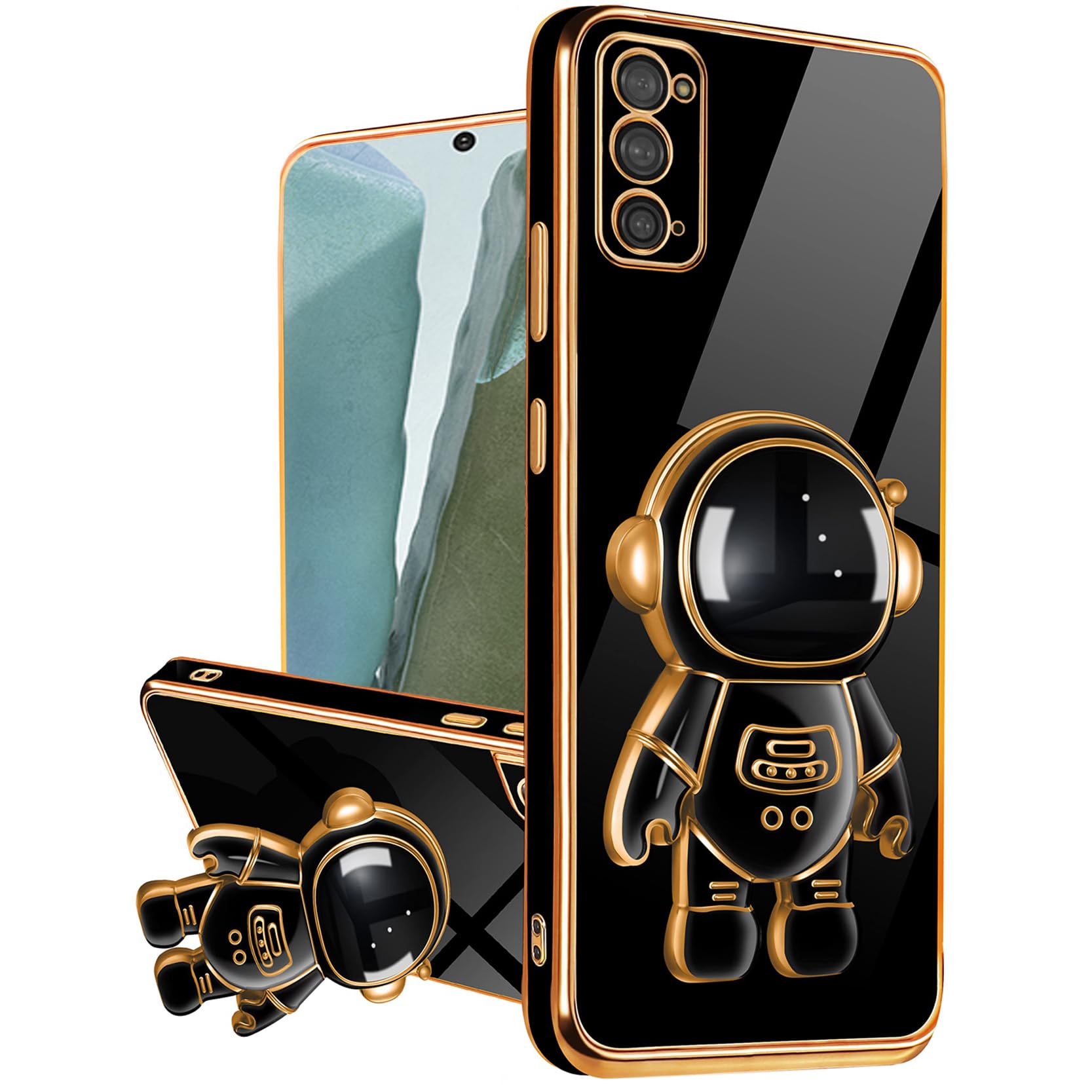 AWZHYDT Compatible with Samsung Galaxy Note 20 5G Case with Cute Astronaut Kickstand Design Soft TPU Protective Shockproof Plating Phone Case for Galaxy Note 20-Black