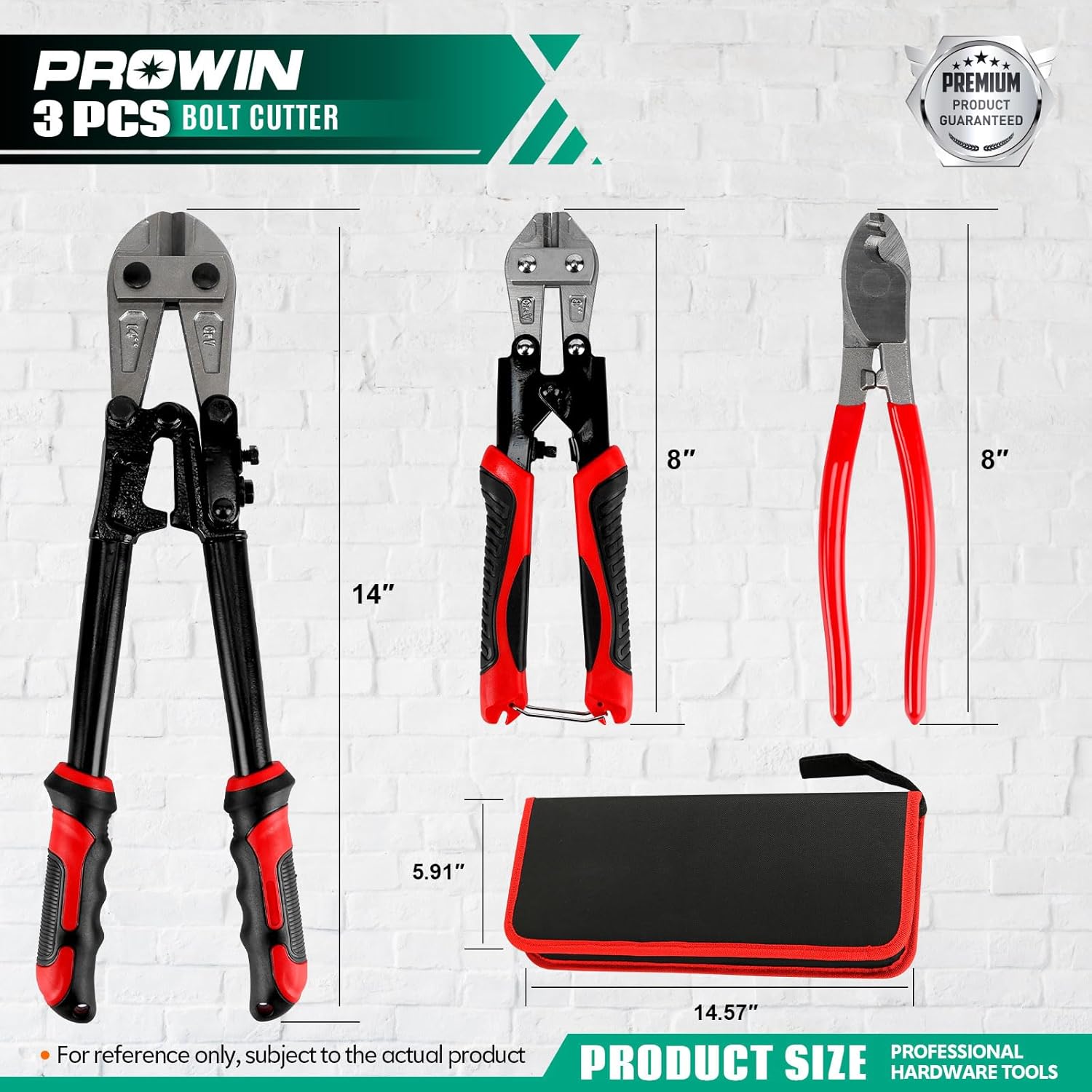 Prowin Heavy-Duty 3-Piece Bolt & Cable Cutter Set – 14" Bolt Cutter, 8" Mini Cutter & Cable Cutter with Storage Bag – CR-V Steel Blades for Locks, Chains, Wires, Professional & DIY Use