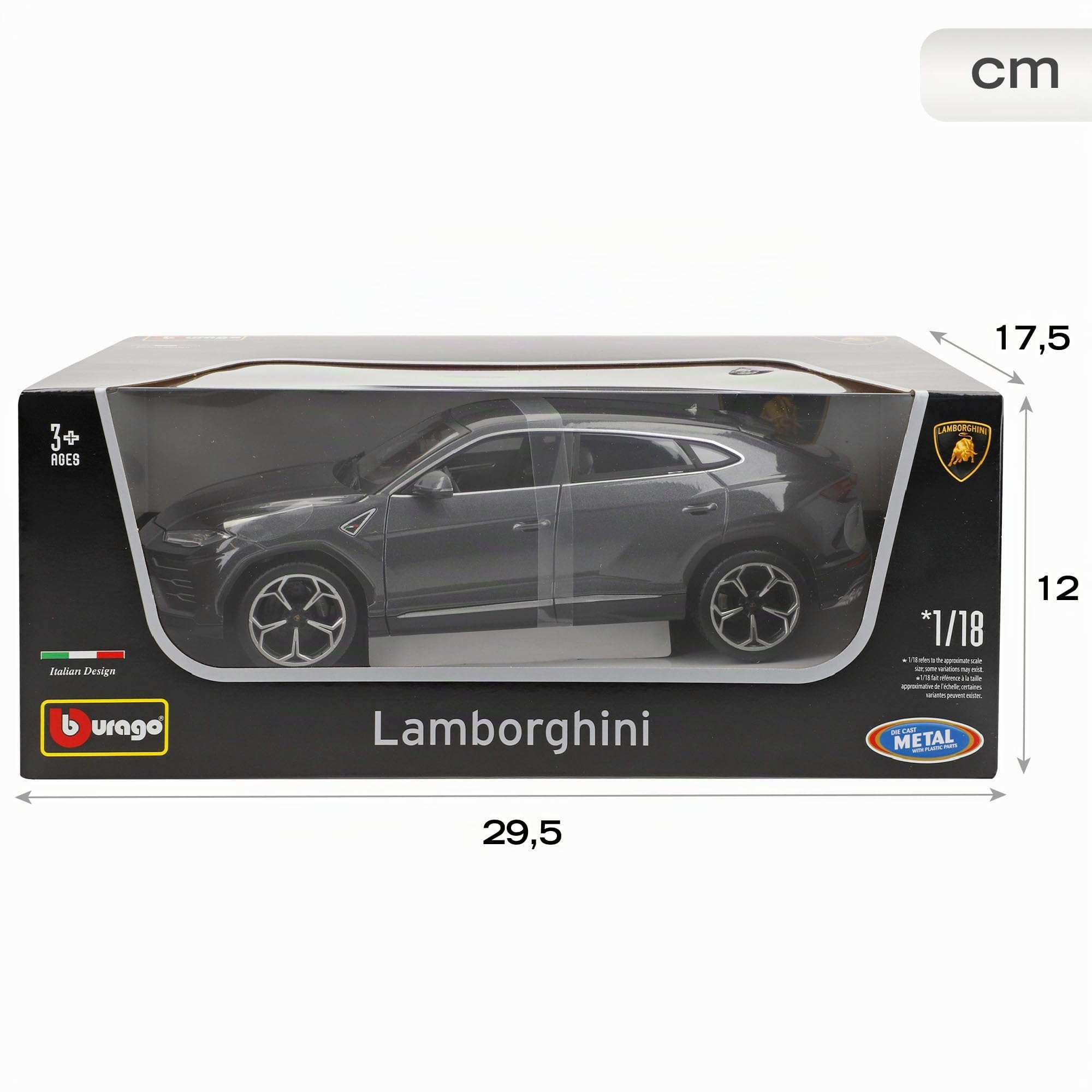 Bburago Lamborghini Urus: Modellauto im Maßstab 1:18, Türen, Kofferraum und Motorhaube zum Öffnen, lenkbar, 26 cm, grau (18-11042GR)