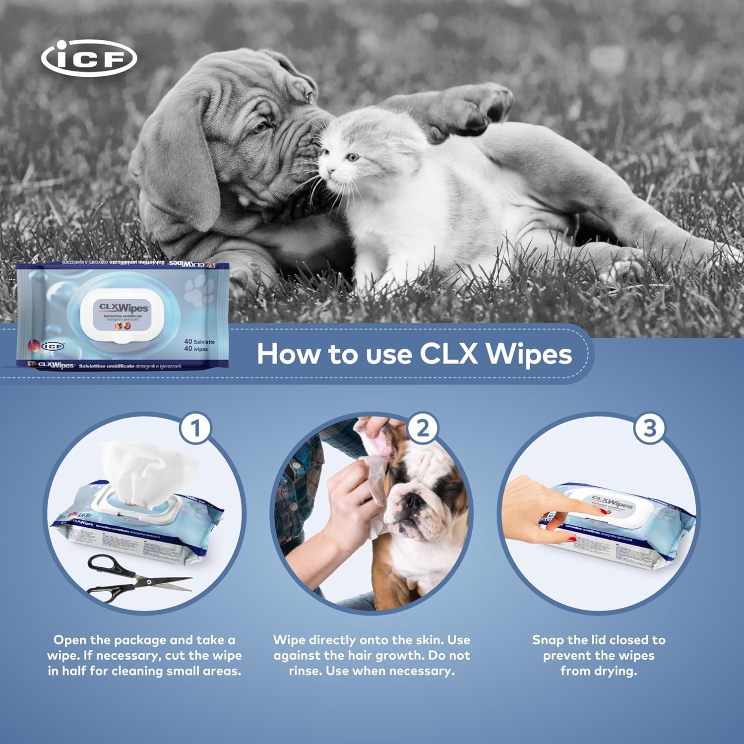 Generico CLX Wipes 40 Pezzi – Salviette Detergenti Delicate per Cani e Gatti – Igiene Quotidiana Pratica per Pelle, Zampe e Pliche - 2 Confezioni, 80 Pezzi Totali
