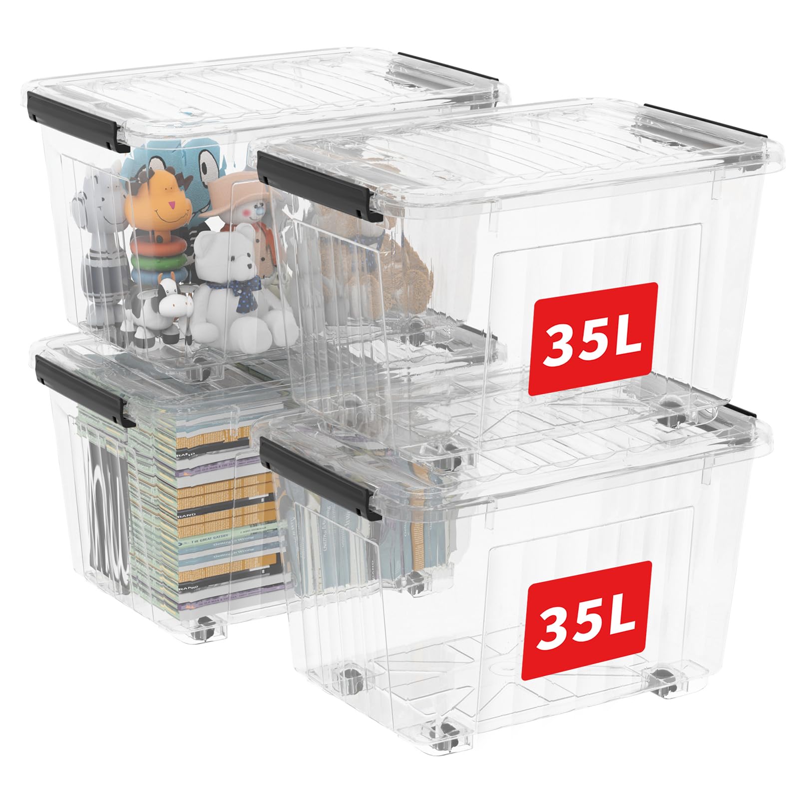 Cetomo35L*4 Plastic Storage box, Tote box,Organizing Container with Durable Lid and Secure Latching Buckles, Stackable and Nestable, 4Pack, transtransparent with Black Buckle