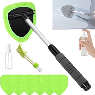 Tourgoing Windshield Cleaning Tool, Microfiber Car Window Cleaner with 6 Reusable and Washable Microfiber Pads and Extendable Handle, Upgrade Large Head Car Window Cleaning Kit (Green-6 Pads)