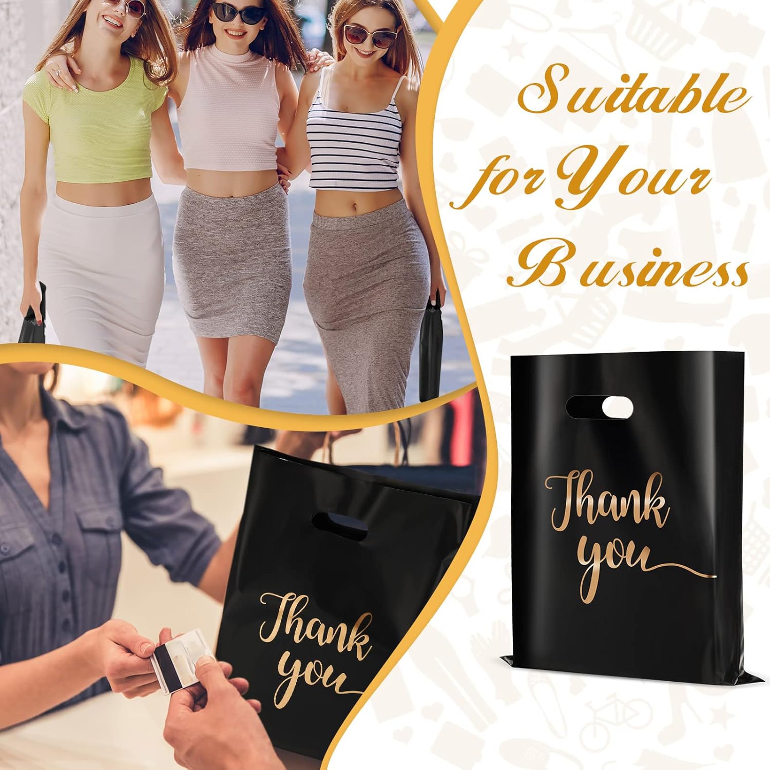 Sabary 200 Pcs 9" x 12" Thank You Merchandise Bags Retail Shopping Small Reusable Plastic Bags with Die Cut Handles Bulk for Business Party Store Boutique Gift Goodie