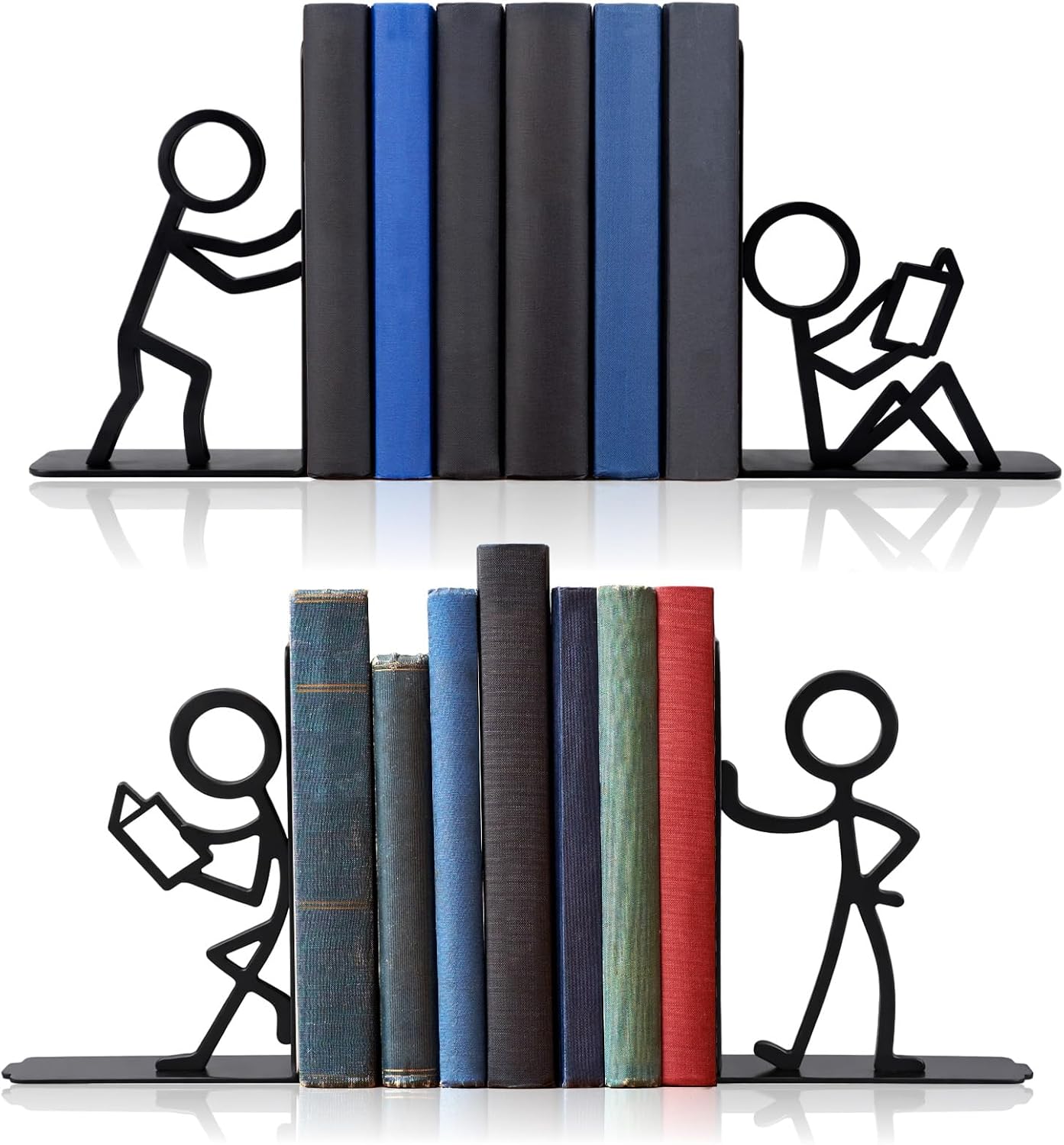 Domensi 4 Pcs Metal Bookends People Bookends Decorative Bookshelf Decor for Book Lovers Gifts Cute Book Ends for Shelves Bookshelf Home Office Desk Reading Decor
