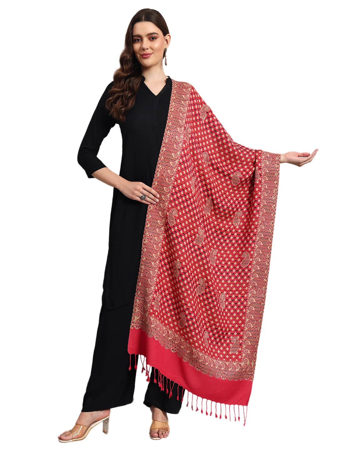 Pure Wool Jamawar Check & Paisley Stole, Soft and Warm Winter Shawl, Scarf Wrap Faux Pashmina (80L x 30W Inch)-image-43