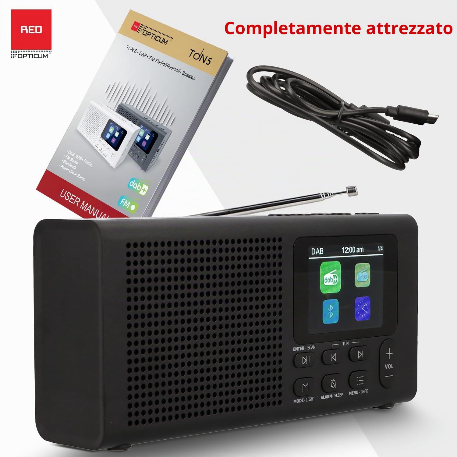 RED OPTICUM Radio con Bluetooth 5.3, DAB Plus Radio con 40 canali DAB+/FM preimpostati, display LCD a colori, 9 menu vocali, jack per cuffie da 3,5 mm, cavo di ricarica USB incluso (nero)