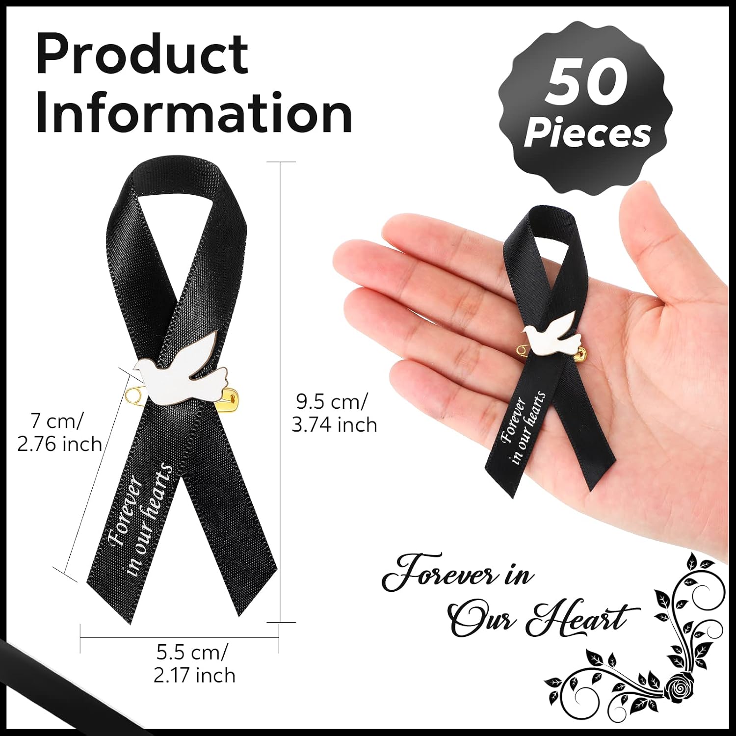 Condition photo showing New/Like New for 50 pcs dove funeral ribbons memorial ribbon funeral pins classic memorial service respect ribbon bow with safety pins and dove for mourning remembrance day event(black)