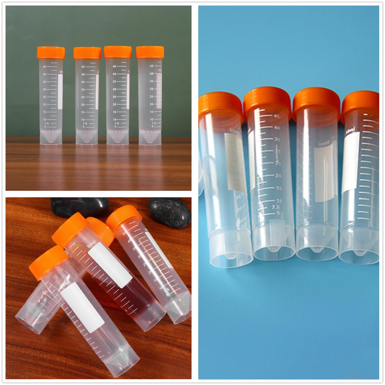 Tubo de ensayo de plástico 50 ml, transparente con tapa naranja, fondo cónico/plano, graduado para experimentos de química