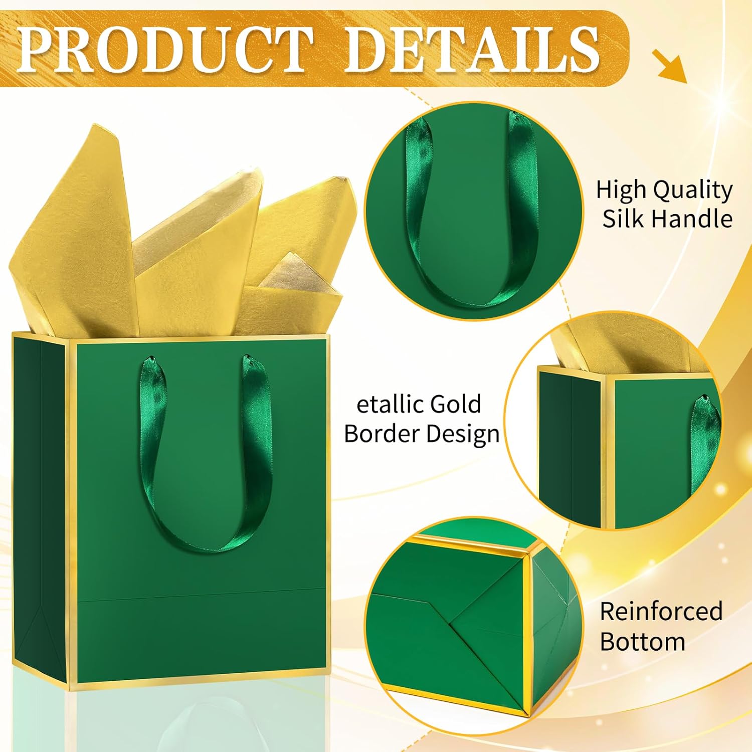 Epoesch Premium Metallic Paper Gift Bags with Handles and Tissue Paper, 8"x5"x10" Inch Dark Blue Gold Edge Welcome Gift Thank You Bags (Green Gold, 1 Count (Pack of 12)) - Image 3