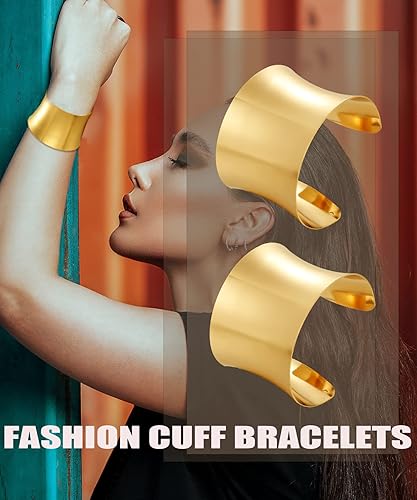 Miniatura 7 de BOMAIL Juego de 2 pulseras de brazalete para mujer, pulseras de alambre ancho abierto, pulsera dorada ajustable