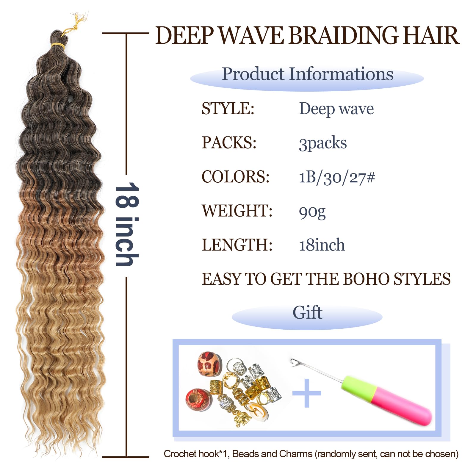 MLETULIPS Ocean Wave Crochet Hair Extensions Deep Wave Braiding Crochet Hair Soft Synthetic Curly Braiding Crochet Hair for Black Women (1B/30/27# - Image 2