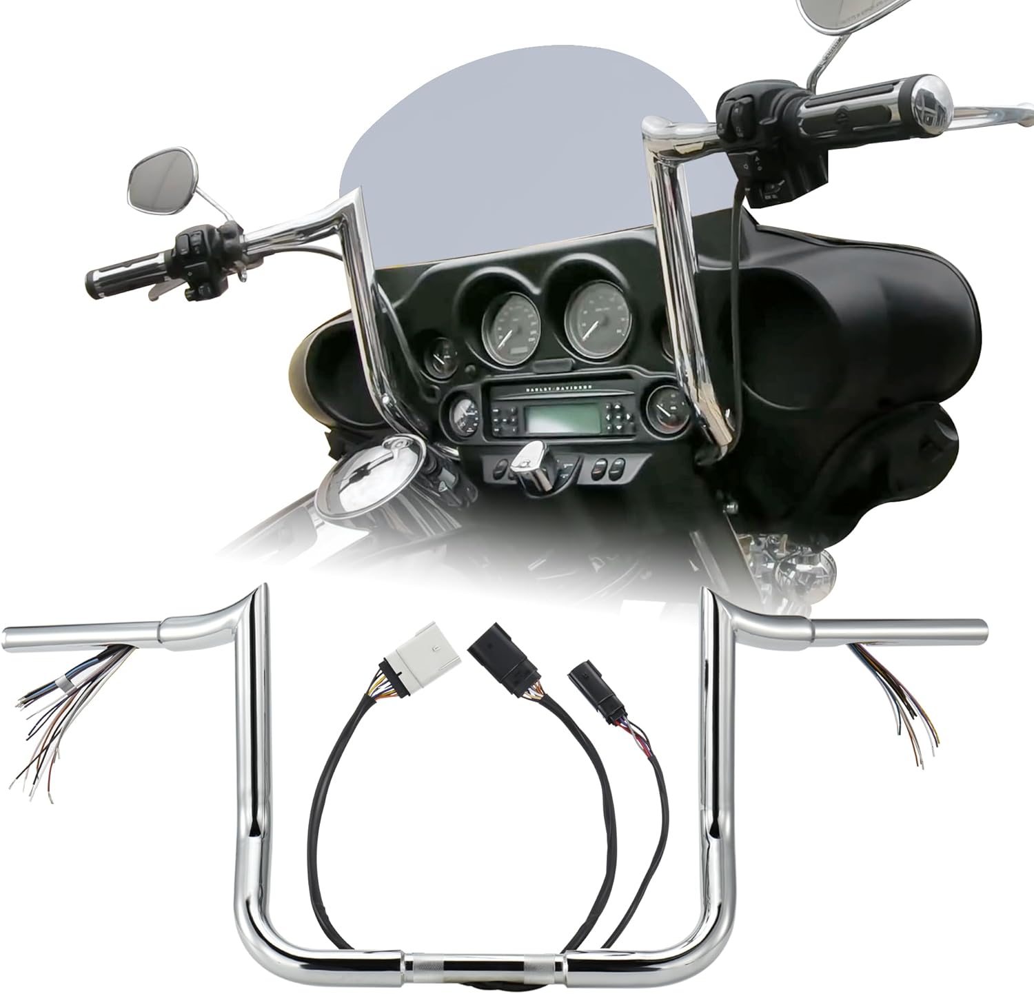 Pre-wired 1 1/4" Fat Ape Hangers Street Glide 14" Rise Handlebars for Harley 2008-2013 Street Glide/Electra Glide/Ultra Limited Bagger Meathook Bar with CAN-Bus/TBW, Chrome