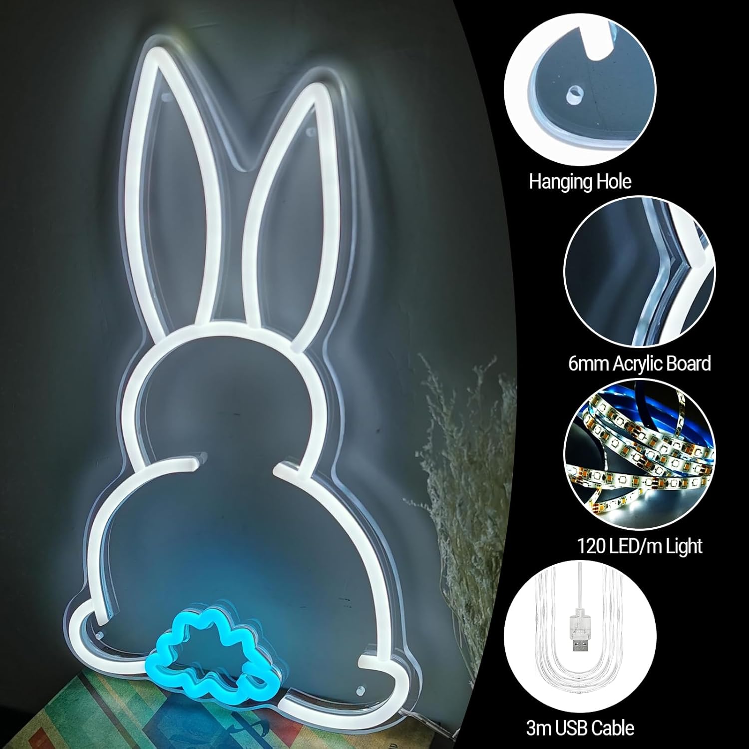 Easter Rabbit Neon Sign for Easter Wall Decor, Dimmable LED Bunny Neon Light for Kids Gifts, Cute Light Up Signs USB Powered for Bedroom Children's Room Home Decoration, 10x16 Inch