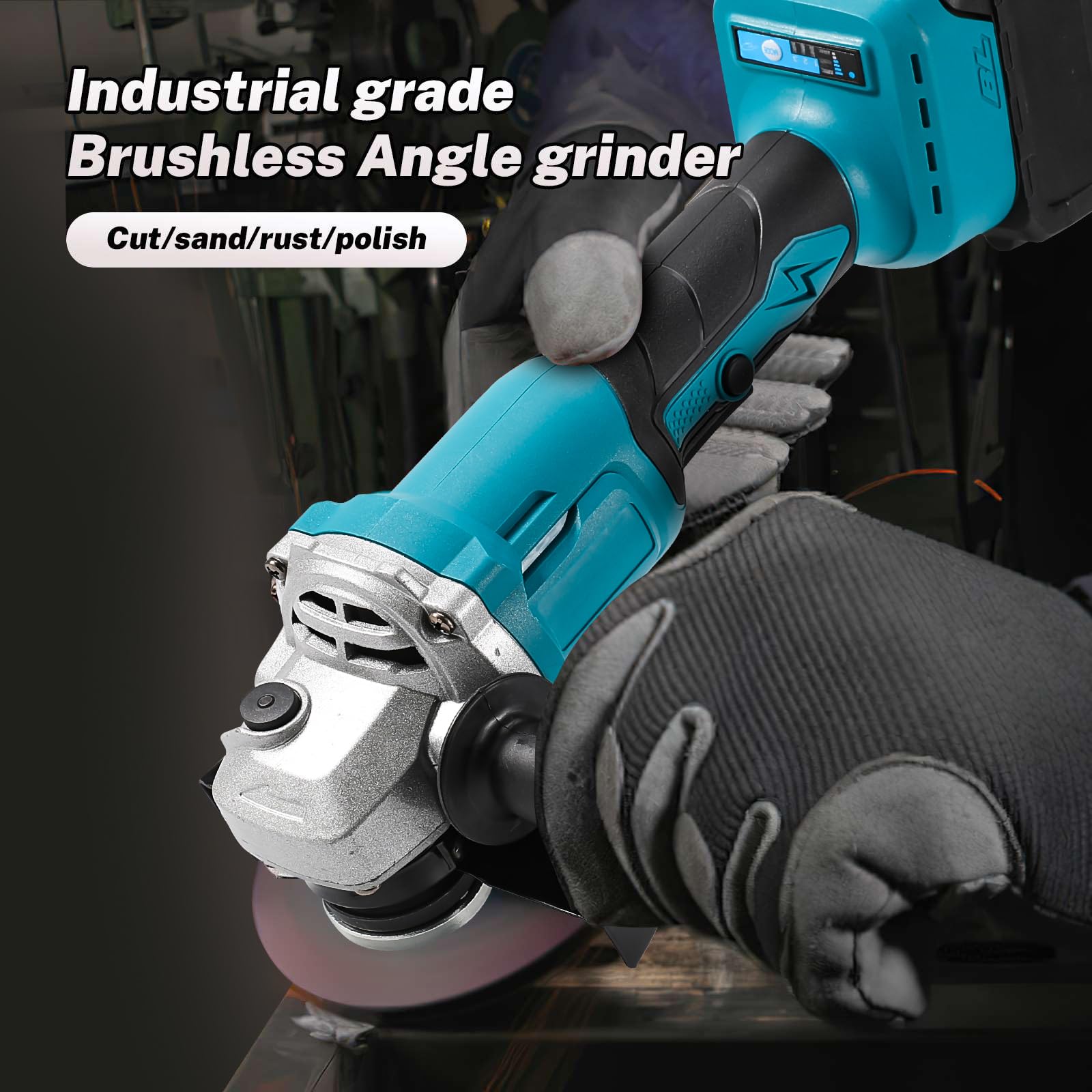Amoladora Angular 1000W (125 mm, 13.000 rpm). Amoladora con 2x 4000 mAh Batería y Cargador, Empuñadura Auxiliar e Incluye 2 Discos de Desbaste, para Cortar, Desbastar y Pulir Metal, Piedra, Madera