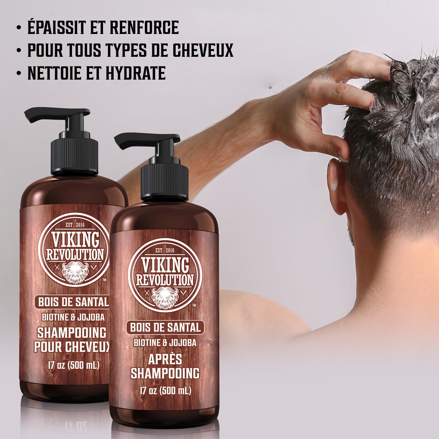 Viking Revolution - Ensemble Shampoing et Après-Shampoing Homme - 2 x 500 ml - Hydrate et Renforce - 100% Naturel avec Vitamine B5 et Huile de Jojoba - Bois de Santal