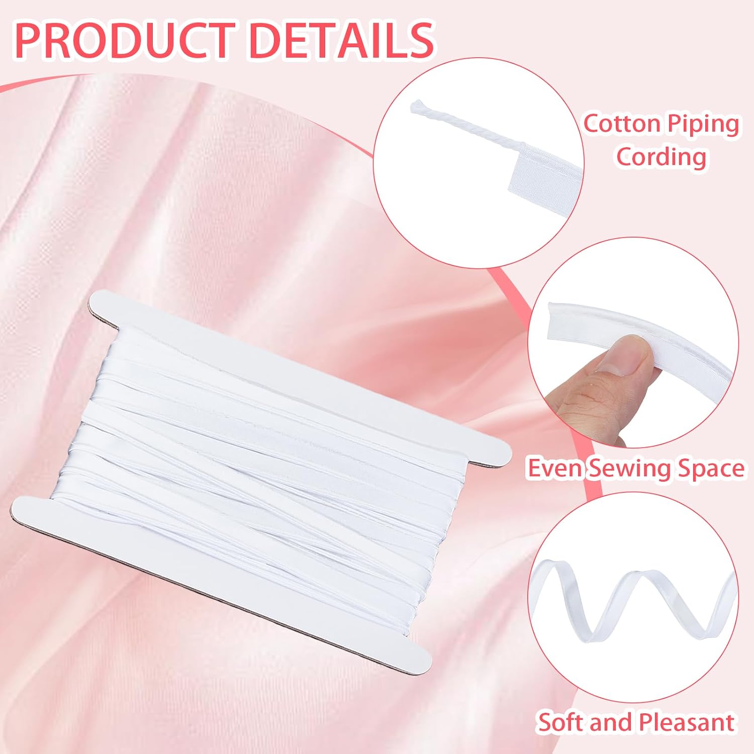 10 Yards Satin Maxi Piping Bias Tape, 0.59 Inch Piping Trim with Welting Cord, White Satin Binding Lip Tape for Sewing Hemming Cushions Slipcovers and DIY Decor