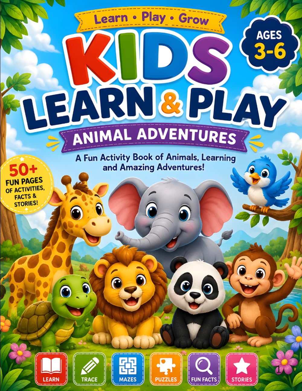 Kids Learn & Play: Animal Adventures: A Fun Activity Book with Coloring, crossword puzzles, Tracing, Mazes, word search puzzles, Puzzles, Fun Facts & Stories