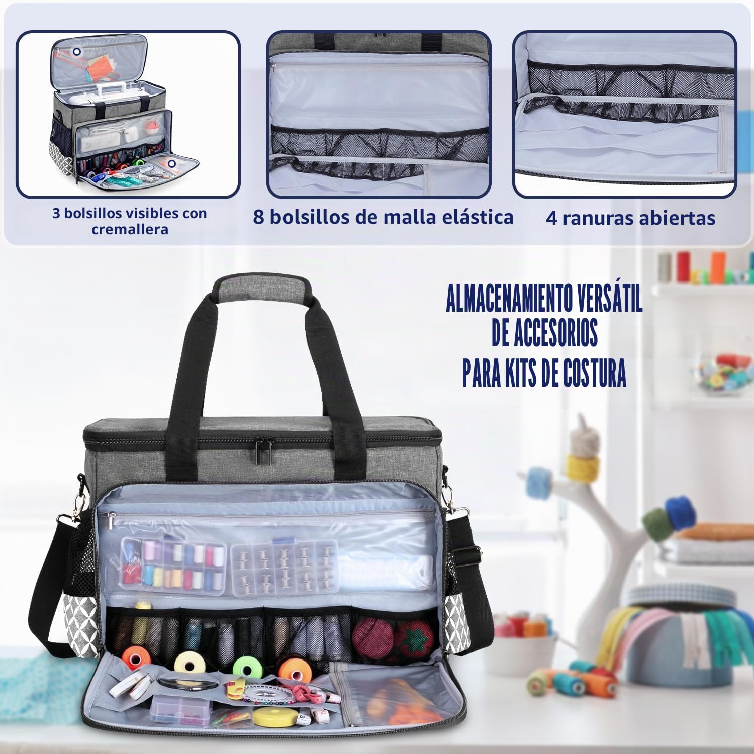 YARWO - Bolsa de Transporte para máquina de Coser con Tabla de Madera para apoyar el Fondo, Adecuado para la mayoría de máquinas en el Mercado, Gris con diseño