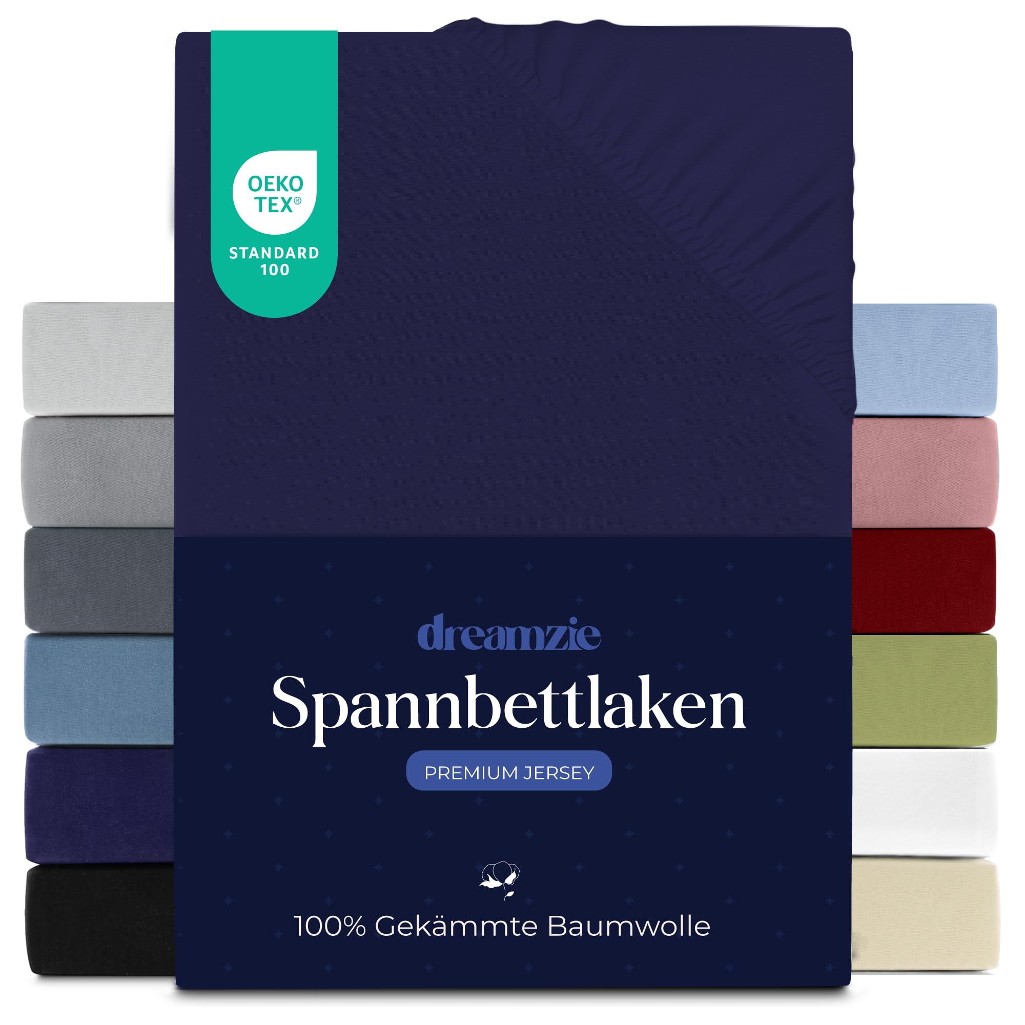 Dreamzie Premium Spannbettlaken 140x200 cm, Spannbetttuch für Dicke Matratzen bis zu 22 cm, Bettlaken 100% Jersey Baumwolle, 150 g/m², Oeko-TEX Zertifiziert - Dunkelblau