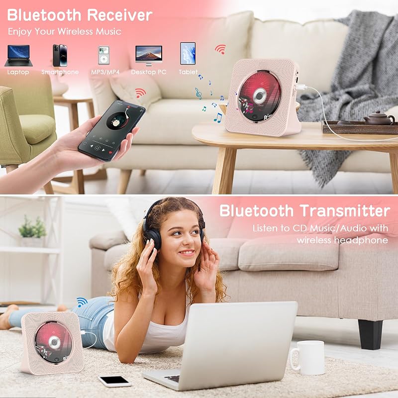 KOVCDVI CD Lejátszó Bluetooth 5.0 Hangszóróval - Asztali Hordozható CD Player FM Rádió USB AUX Fejhallgató Csatlakozó Rózsaszín