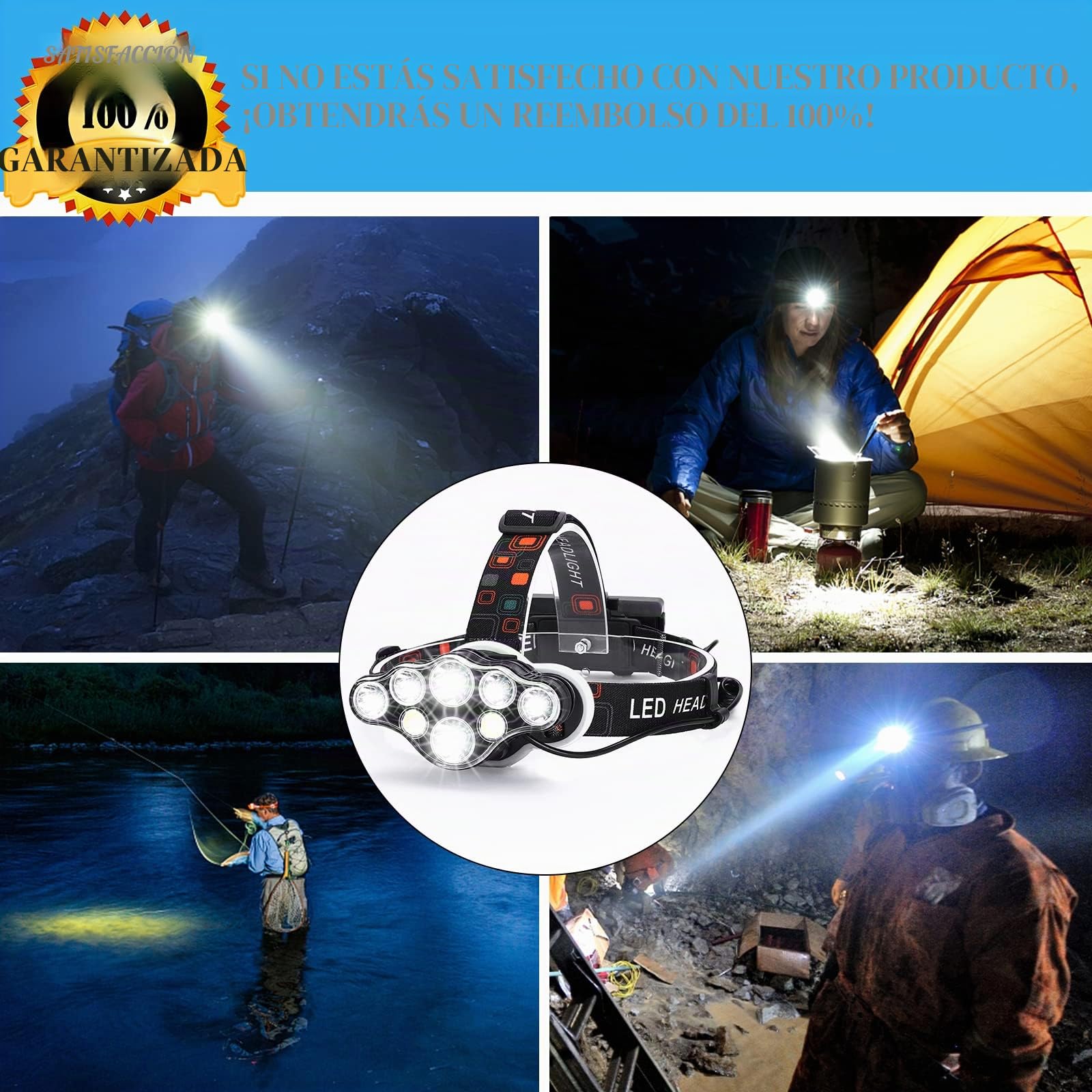 MLIAIMCE Linterna Frontal LED Recargable, 18000 Lúmens, 8 Modos, IPX4 Impermeable, para Correr Camping Excursión