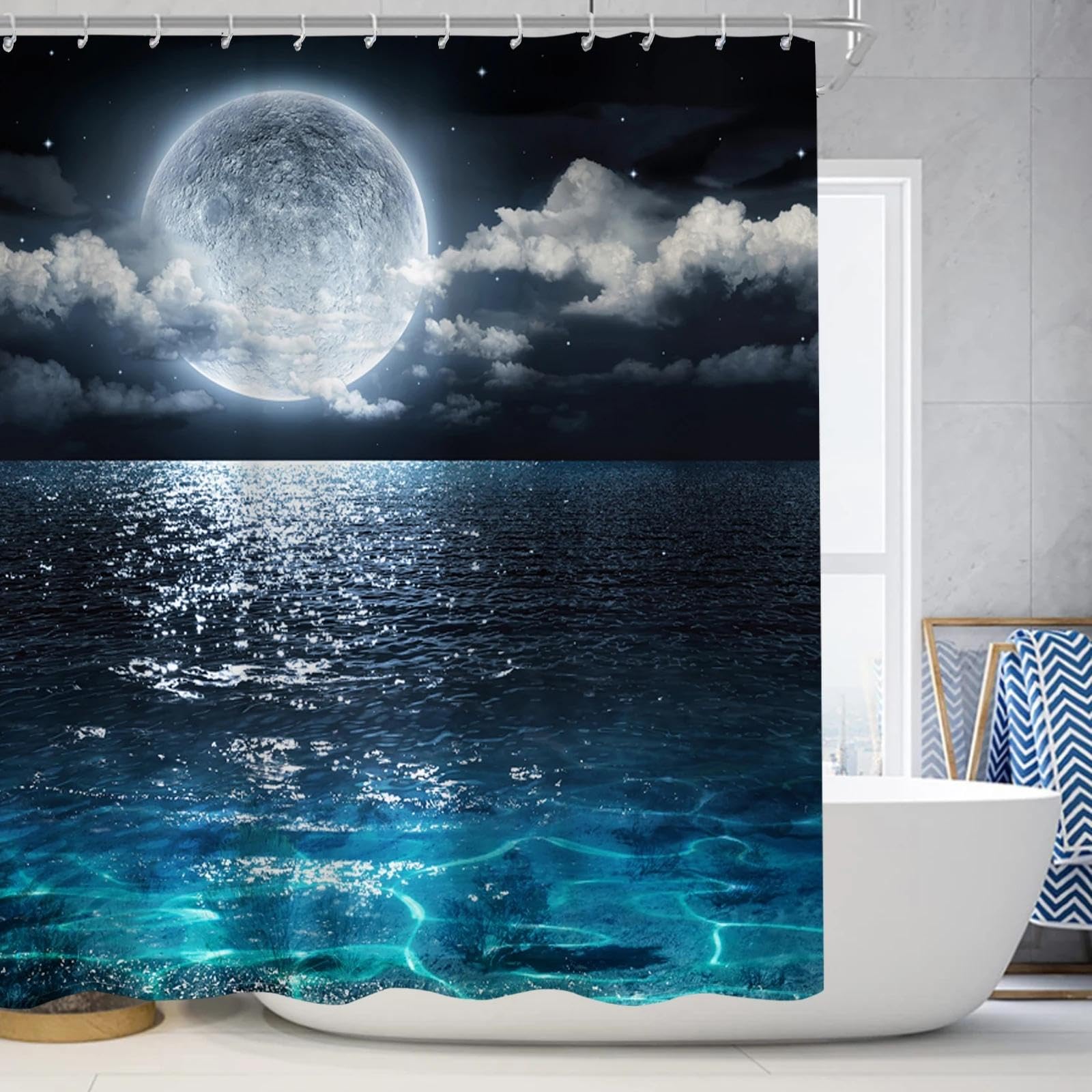 Rideau de douche mer lune déco salle de bain lavable avec crochets inclus