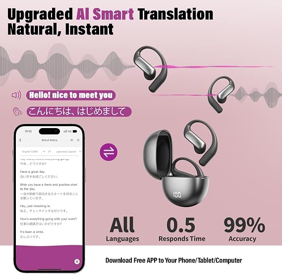 AI Language Translator Earbuds OWS 3 in 1 Translator Earbuds 144 Languages Accents for iOS and Android Travel Business Meetings Learning, Two Way Translator Device ,