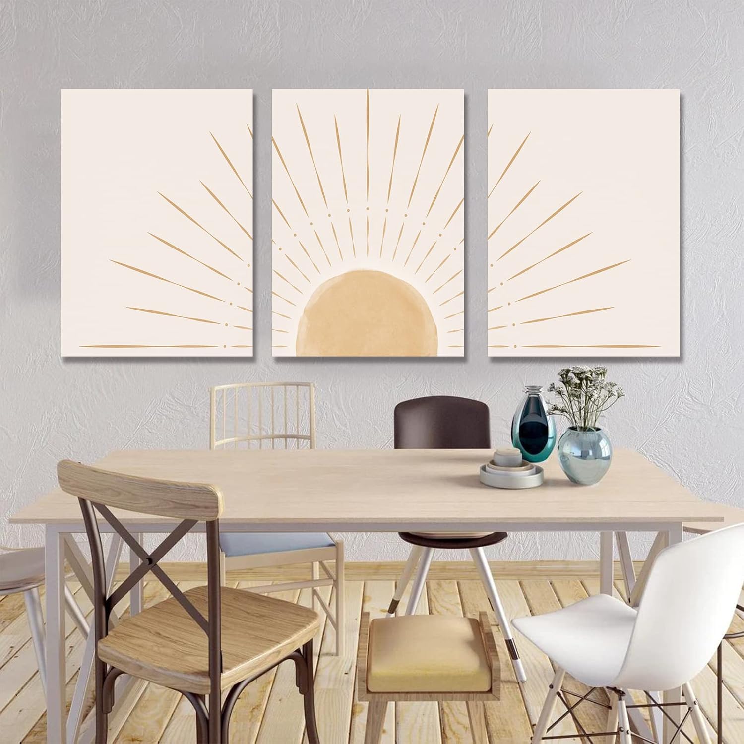 Boho Wall Art Set of 3, Framed Canvas Wall Art Yellow Sun Rising on the Horizon Geometric Nature Illustrations Line Art Wall, Mid-Century Modern Prints Boho Sun Wall Decor for Living Room, Bedroom, Bathroom, Office, 16"x24" Natural