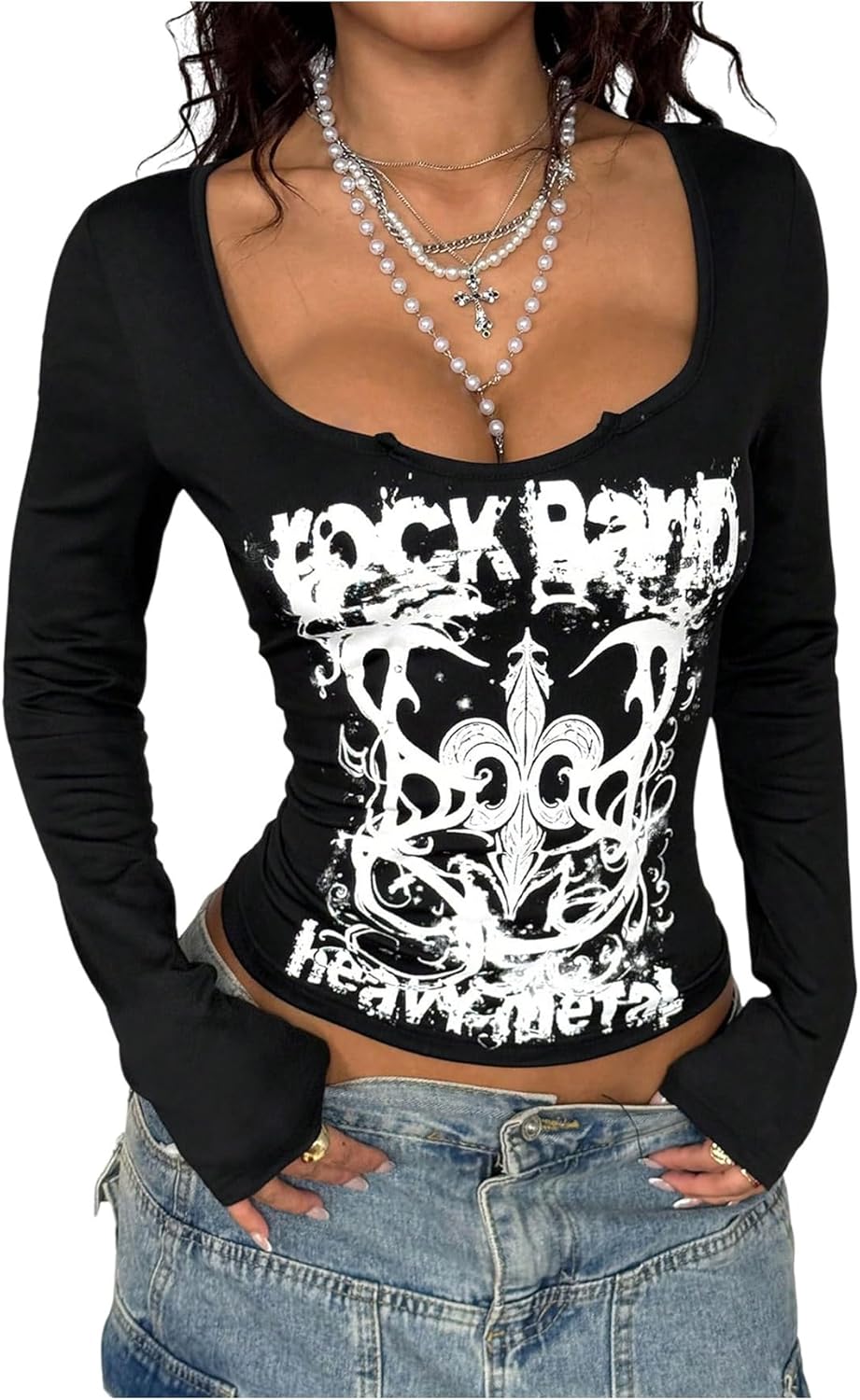 Women's Y2K Gothic Graphic Tees Grunge Long Sleeve Slim Fit T Shirts Vintage Streetwear