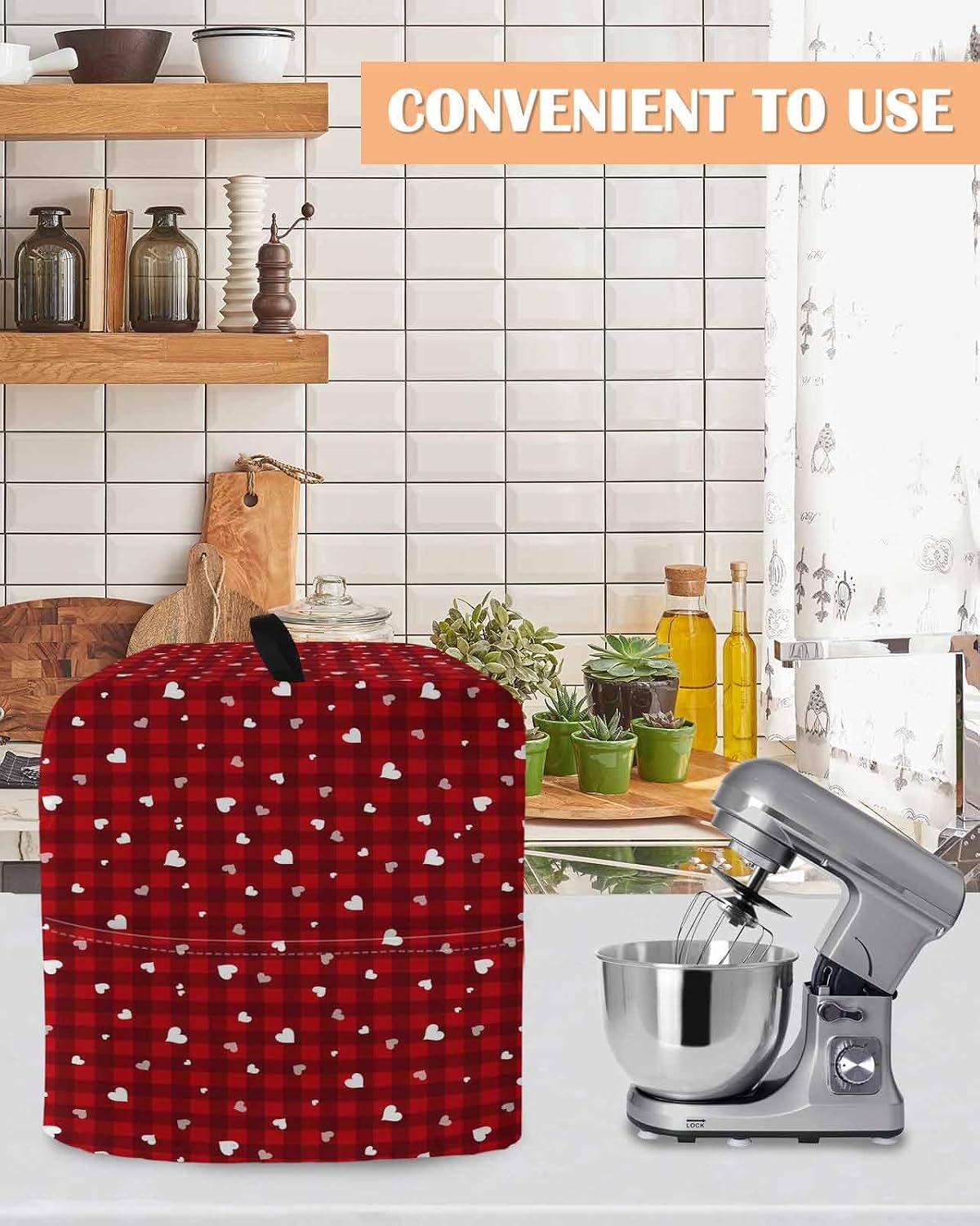 Valentine's Day Stand Mixer Cover with Storage Pocket, Waterproof Kitchen Mixer Covers, Love Romantic Red Plaid Vintage Kitchen Appliance Dust Cover Compatible with 6-9 Quart Mixers