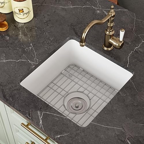 DeerValley Fregadero de Cocina Empotrado de 45.7 cm L x 45.7 cm A Fregadero de Un Solo Tazón de Barro Refractario Cuadrado para Barra con Rejilla y
