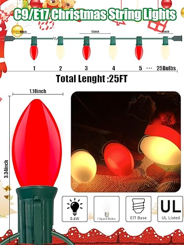 Miniatura 9 de Luces de Navidad vintage C9, 25 pies con 26 bombillas transparentes, cadena de luces conectables colgantes para patio, jardín, vacaciones, C9