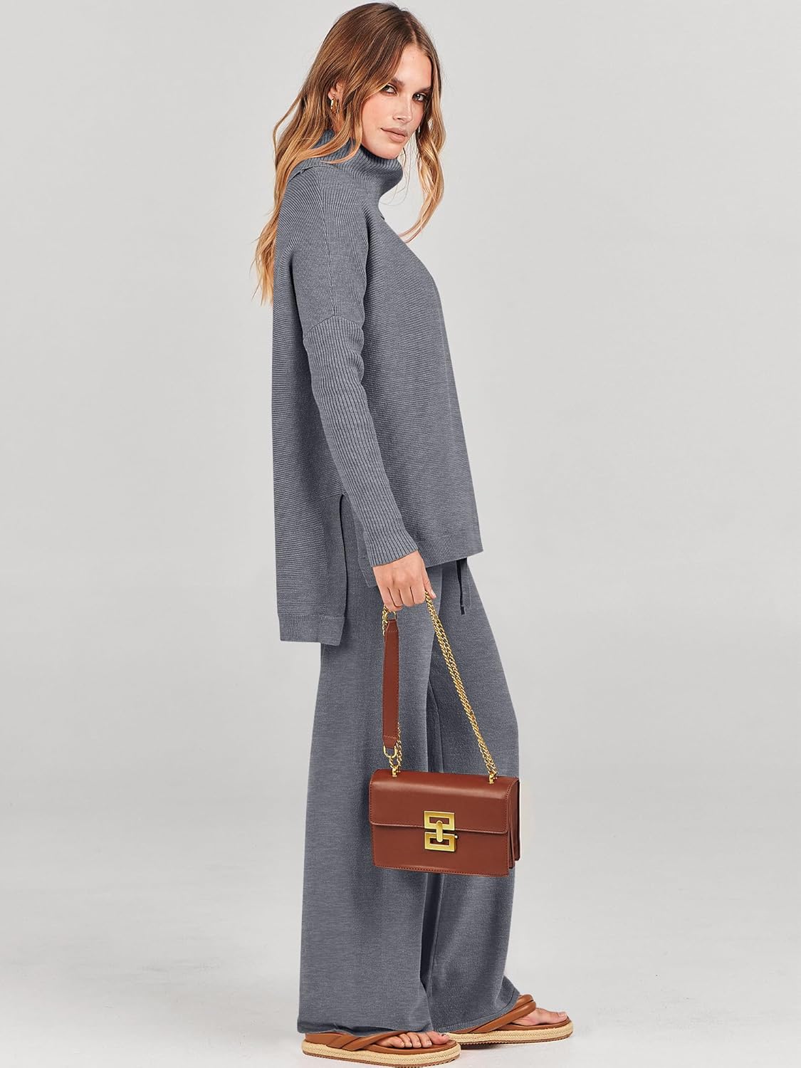 ANRABESS Women Two Piece Outfits Oversized Turtleneck Knit Pullover Sweater Top Wide Leg Pants Lounge Set Sweatsuit 2025 Fall - Image 3