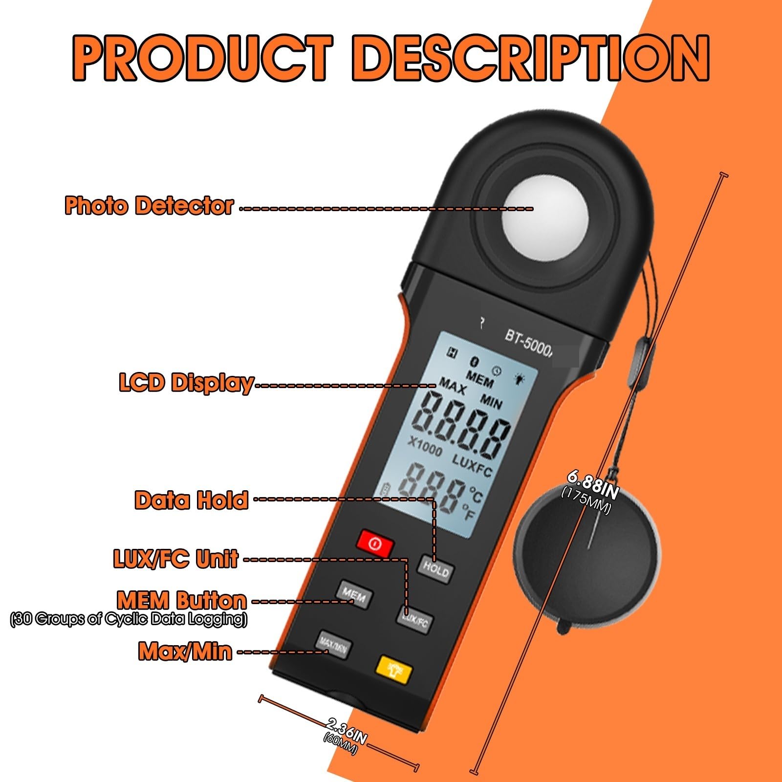 Esposimetri, Luxmetro digitale 1-400.000Lux Collegare all'APP del telefono unilateralmente a 90 gradi o 270 Misurare l'illuminazione Display LCD