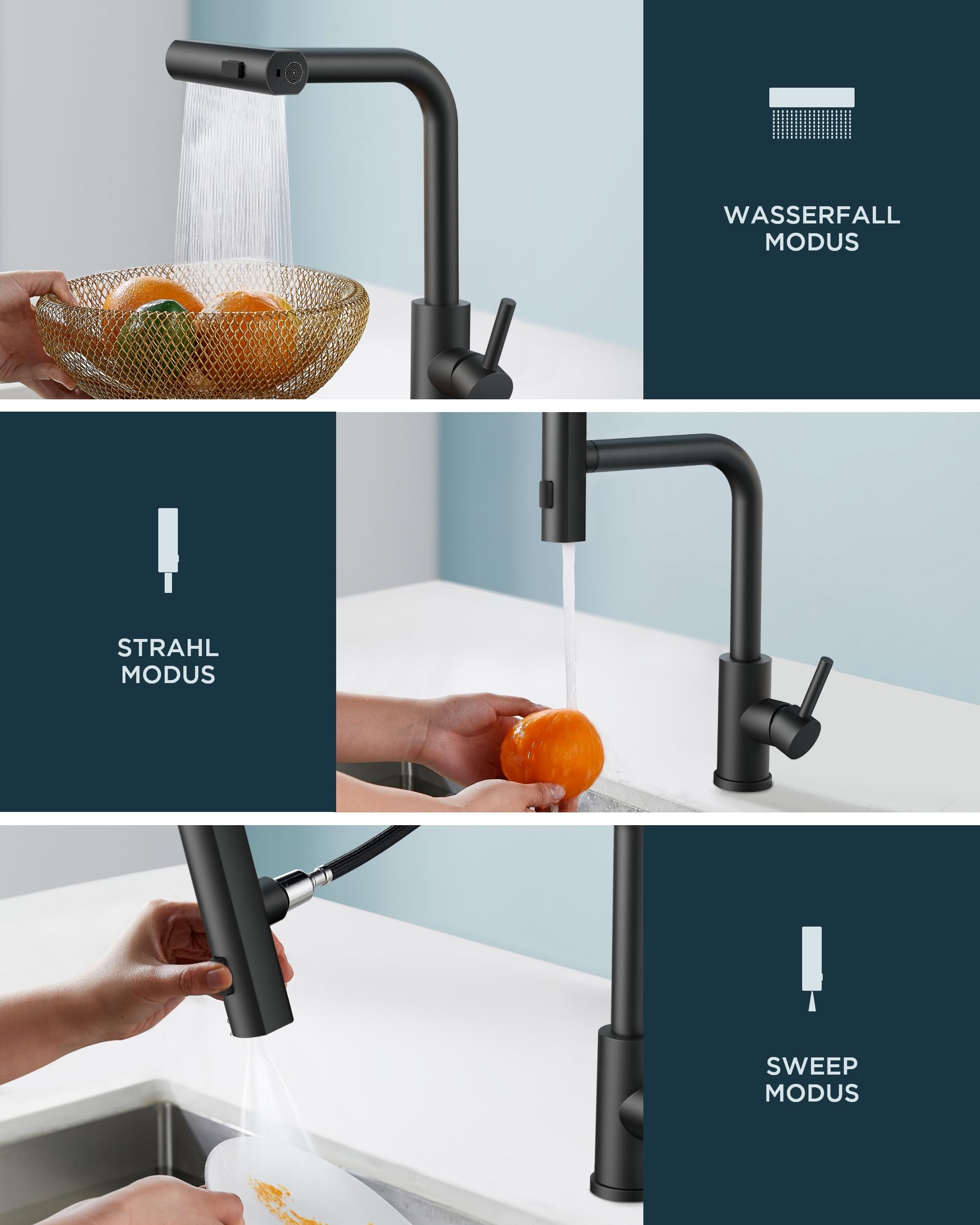 FORIOUS Küchenarmatur, Hochdruck Wasserhahn Küche Ausziehbar mit Brause, 360° Drehbar Mischbatterie Waterfall Spültischarmatur Einhebelmischer mit 3 Strahlarte, Schwarz