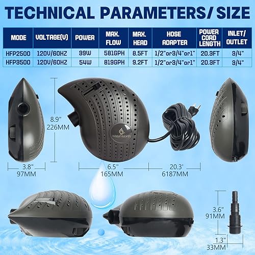 Miniatura 2 de Water Rebirth Bomba de agua sumergible para acuario, bomba de estanque al aire libre, bomba de cascada adaptada a múltiples filtros HFP2500 120V60HZ