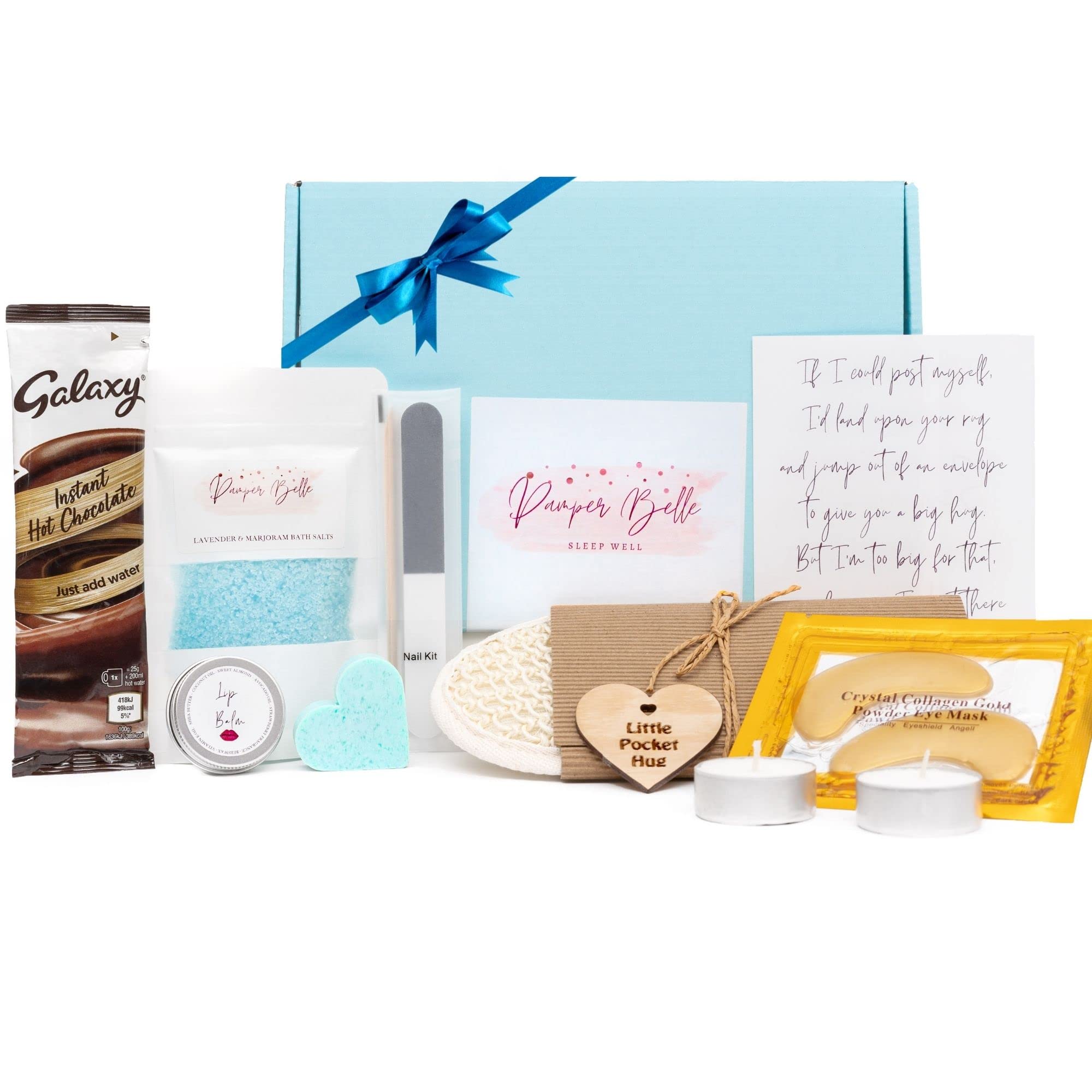 Pamper BelleHug in a box Care Package Gift Set for women with Pocket Hug token & Bath set for a Relaxation Spa day at home. Great thinking of you gift idea