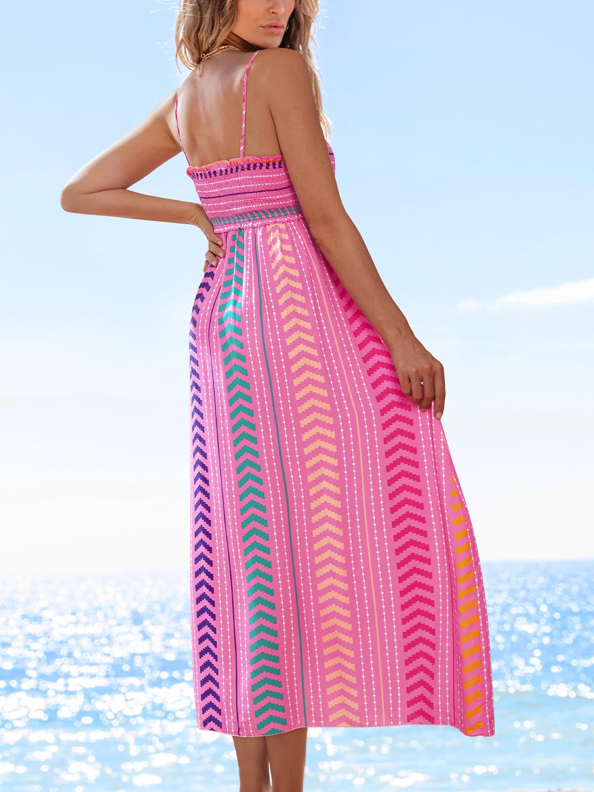 CUPSHE Damen Sommerkleid Blumenmuster Gesmokt Ärmellos Maxikleid Rüschen Spaghettiträger Lang Freizeitkleider