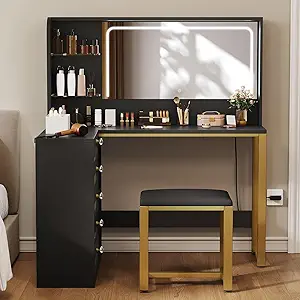DWVO Vanity Desk with Drawers & LED Lighted Mirror 3 Lighting Mode & 48" L Shaped Corner Black Vanity Set with Stool, 5 Acrylic Drawer Cabinet, Stylish Bedroom Makeup Table Set, Black