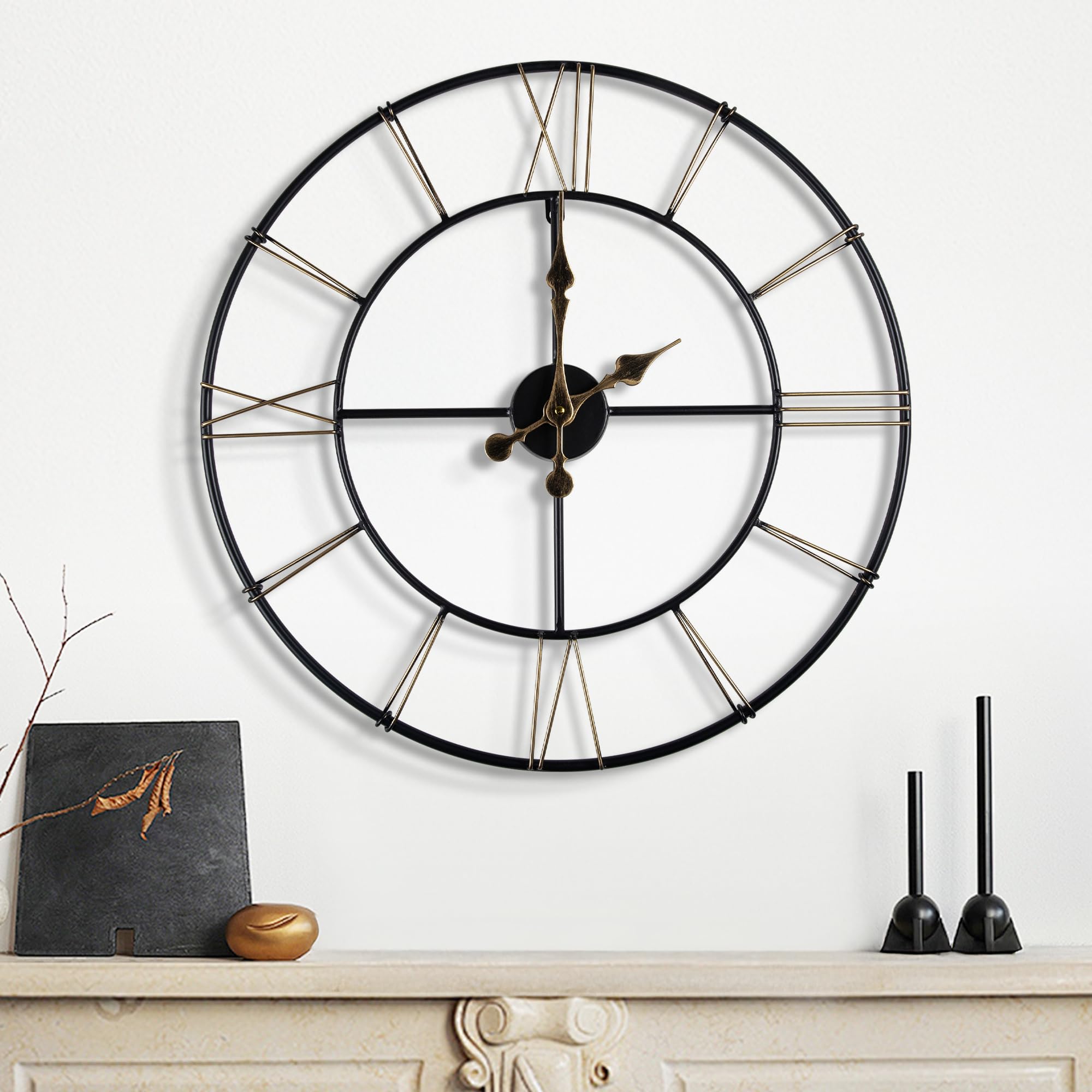 Maxstar 40cm Round Vintage Large Wall Clock,Silent Modern Metal Frame,Roman Numeral Design,Battery Operated for Living Room, Kitchen, Bedroom，Office Decor (Black-13 Inch)