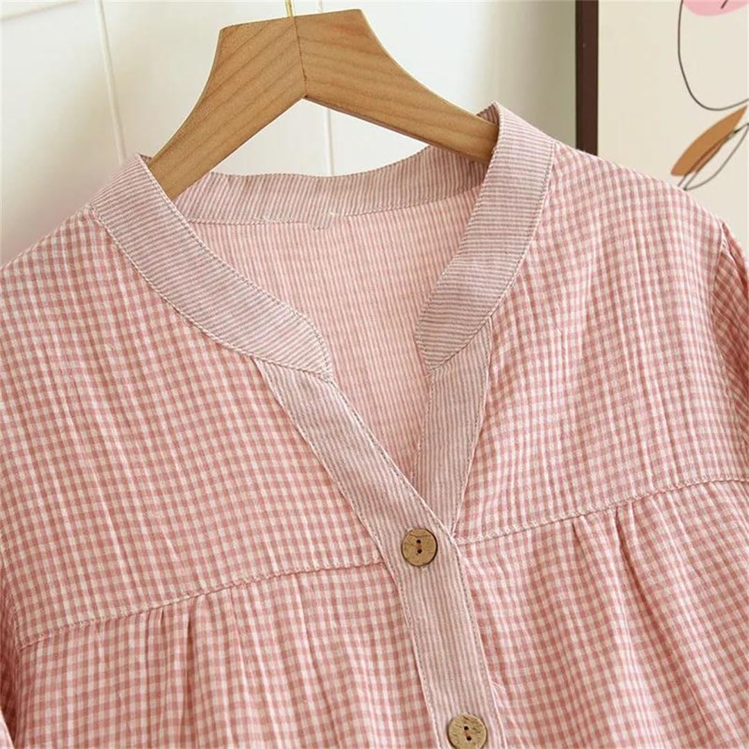 Conjunto de pijama de gasa para mujer, pantalones de manga larga a cuadros, ropa de casa de dos piezas