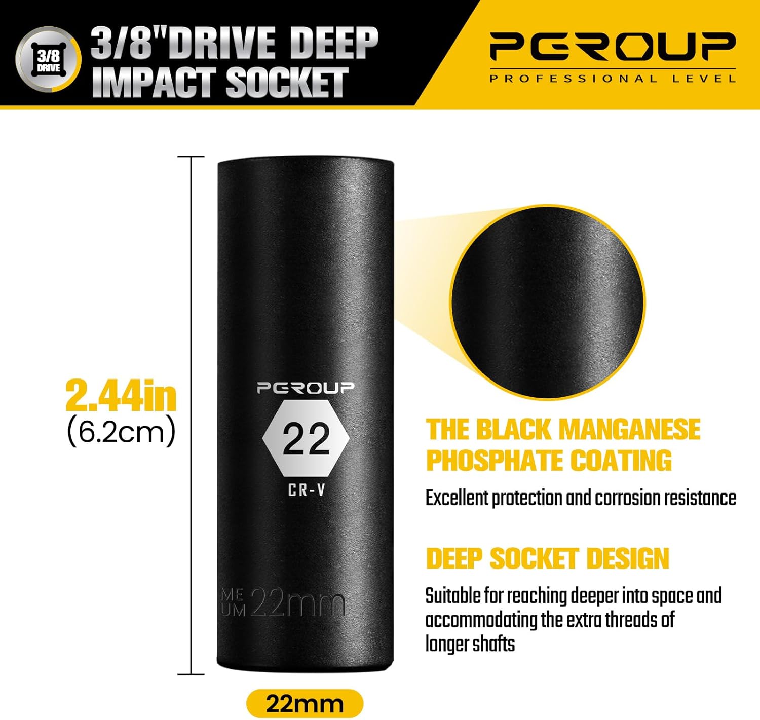 3/8” Drive Deep Impact Socket, Metric(22mm socket), 6-Point, Cr-V Steel With Black Manganese Phosphate Coating